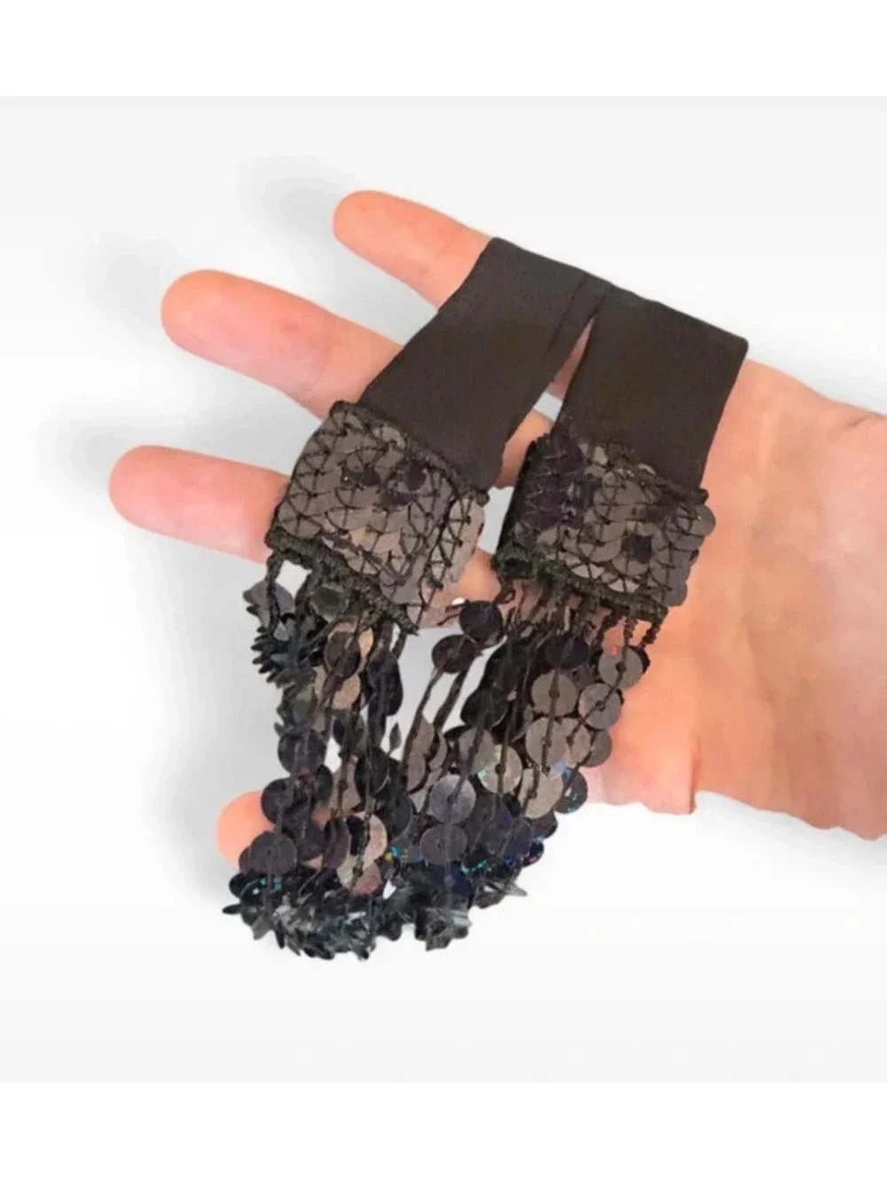 Sequin Fringe Black Waist Belt Y2K